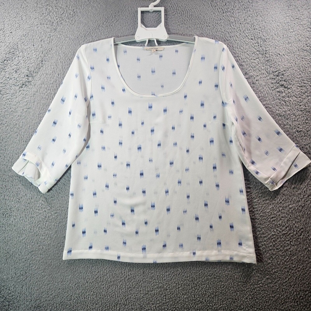41 Hawthorn Top Blouse Women Large Boat Neck 3/4‎ Sleeve Blue Print White